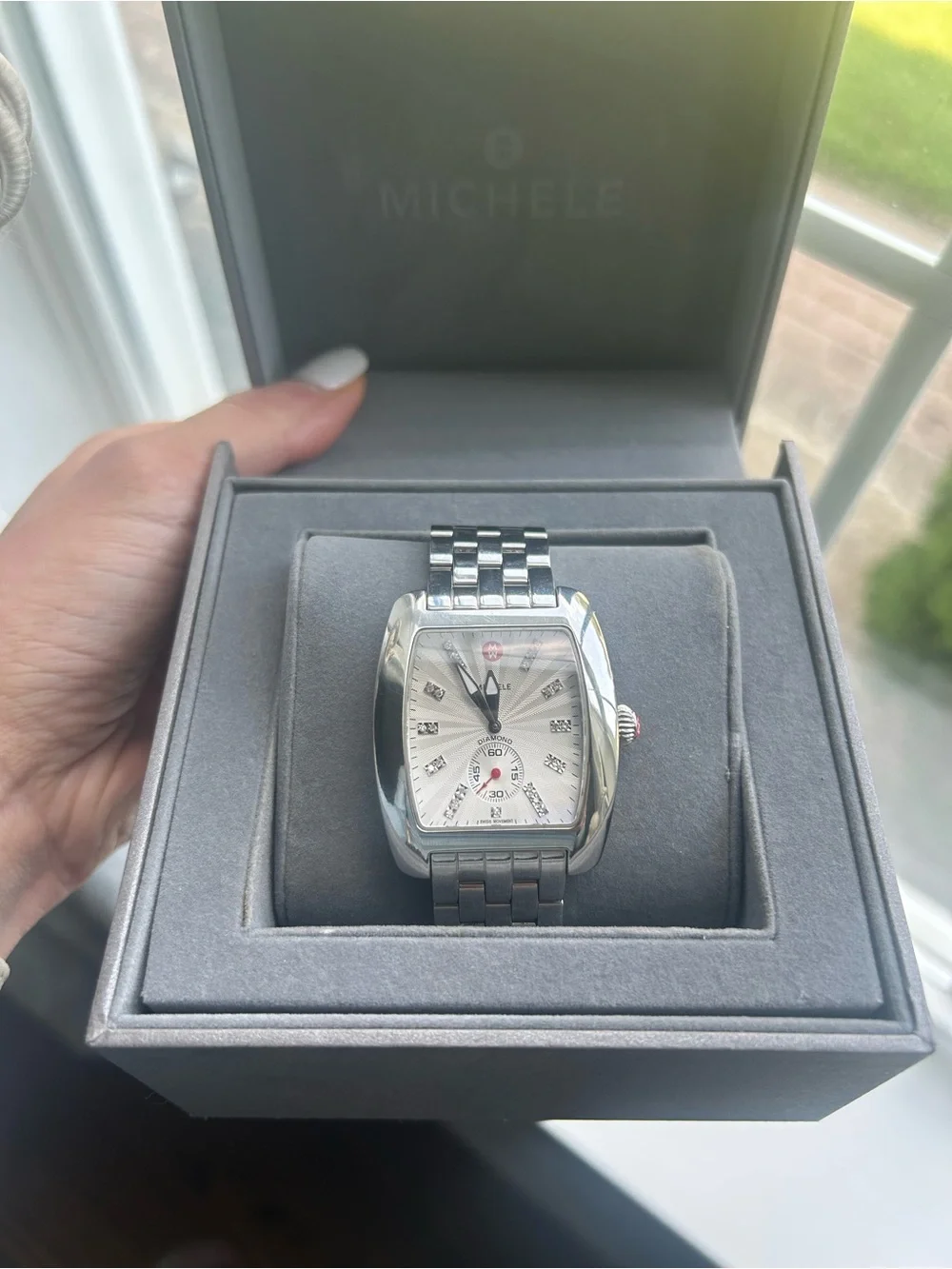 Michele Diamond Women’s Oversized Silver Stainless Steel Bracelet Watch